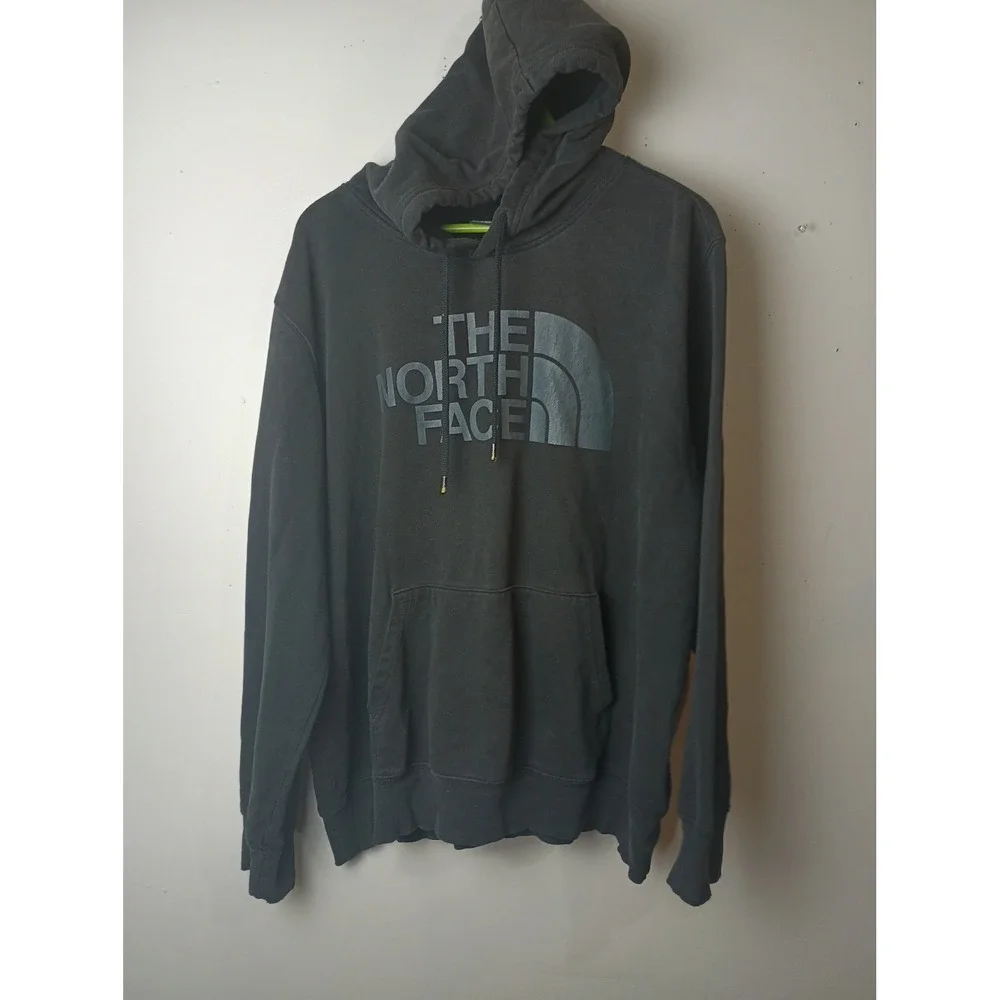 The North Face Mens XL Black Logo Pullover Hoodie Faded Fleece Sweatshirt
